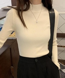 ハイネック リブニットトップス