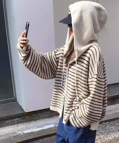 【セール】ボーダー柄 フード付きリブニット ダブルジップカーディガン（カーディガン/ボレロ）｜meJane（ミージェーン）