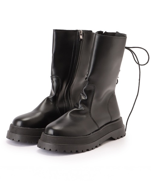 セール】レザー調 バック レースアップ ミドル ブーツ（ブーツ