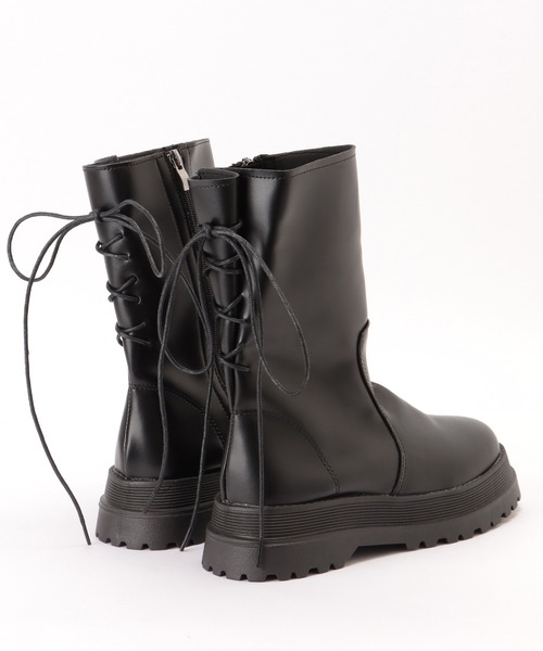 セール】レザー調 バック レースアップ ミドル ブーツ（ブーツ）｜Lace