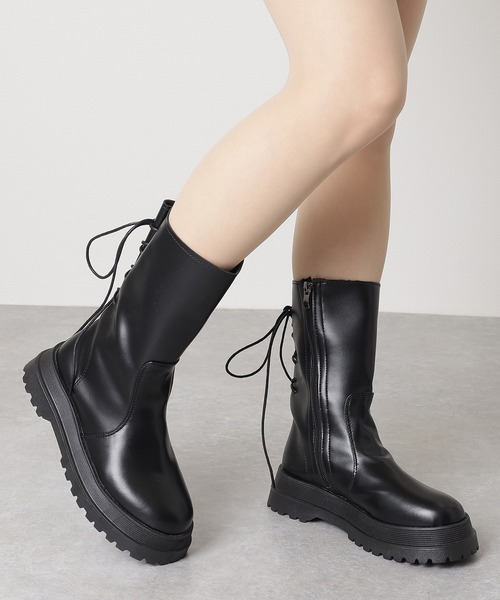 セール】レザー調 バック レースアップ ミドル ブーツ（ブーツ