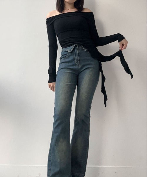 kirakiraShop(キラキラショップ)の「オフショルダー サイドギャザー リブ カットソー(ニット/セーター・レディース・ホワイト/ブラウン/ブラック/グレー・FREE)」の11枚目の写真