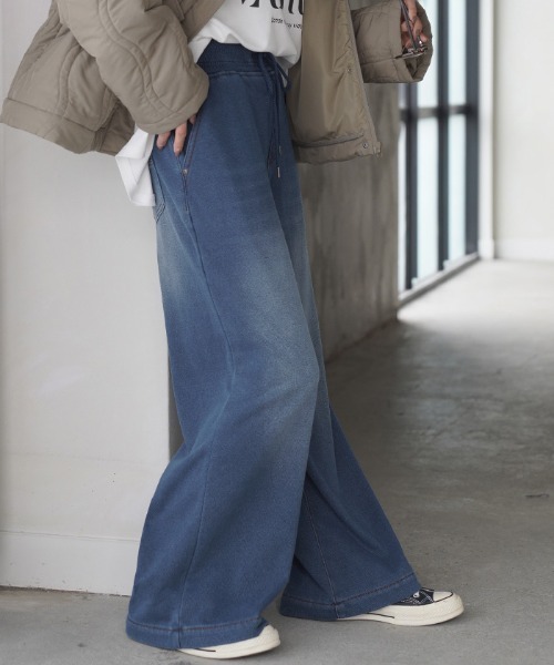 HUG.U（ハグユー）の「「 光 吸収 発熱 」デニム風ワイドパンツ（スウェットパンツ・レディース・ブラック/ブラック系/ネイビー系/ワンウォッシュ/ブルー系・LL/S/L/M）」の8枚目の写真