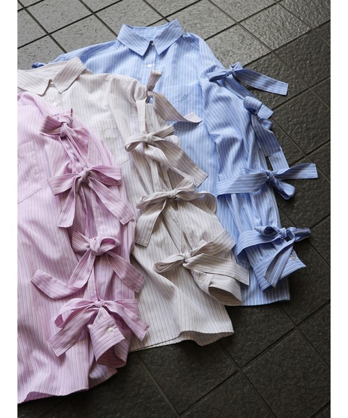 セール】リボンスリーブBIGストライプシャツ（シャツ/ブラウス
