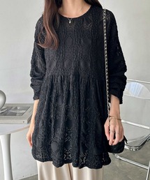 総レースペプラムチュニックブラウス