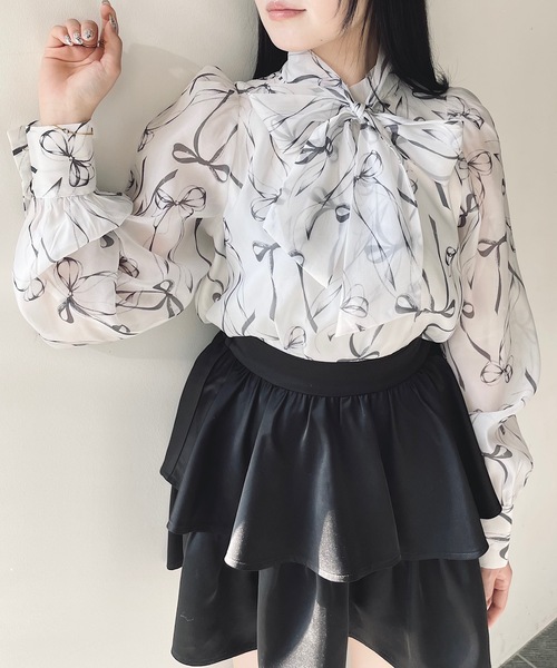 UNMINOU アンミヌ　リボンブラウス　ホワイト アンミヌ リボンブラウス ホワイト アンミヌ UNMINOU ラウンドカラー