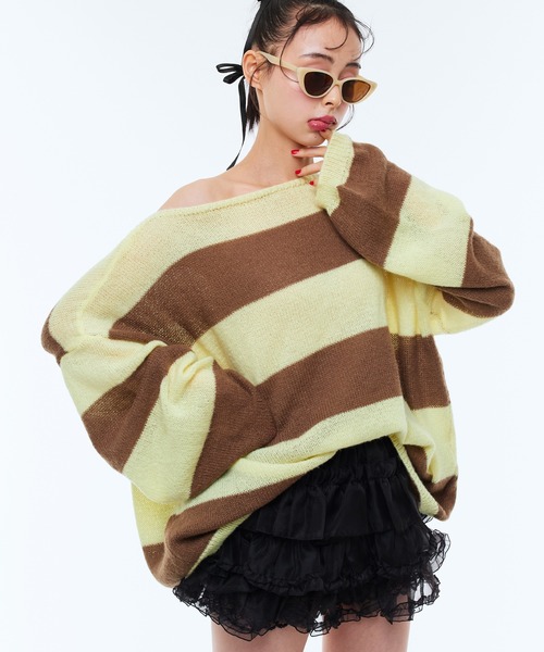 ボーダーオーバーニット/オフショルニット