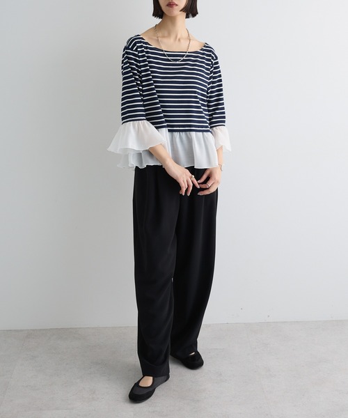 セール】異素材ボーダーペプラムカットソー（Tシャツ/カットソー