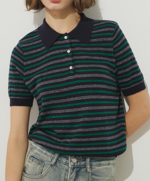 23区GOLF ベアかのこマルチボーダー シャツ ポロシャツ 【WOMEN】 マルチボーダーポロ襟ニット（ポロシャツ）｜Unitage