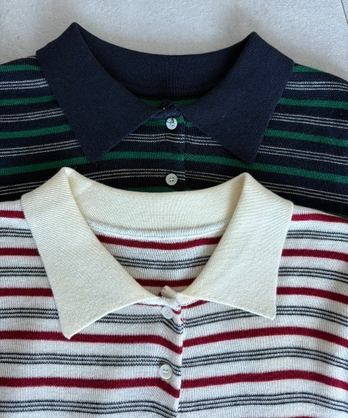 【美品】MISSONI ニット ポロシャツ 3D マルチボーダー グリーン 54 マルチボーダーポロ襟ニット（ポロシャツ）｜Unitage