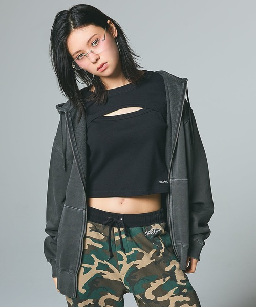 トップス X-girl ZIP sweat FACE セール】PIGMENT DYED FACE LABEL ZIP UP SWEAT HOODIE（パーカー）｜X