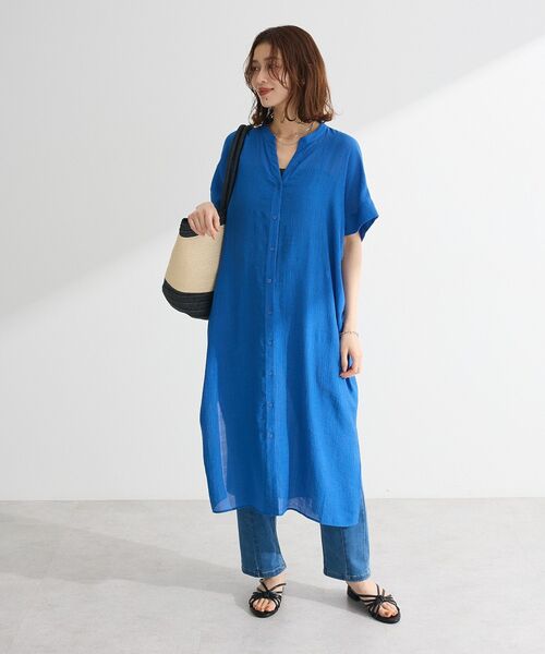 Green　Parks（グリーンパークス）の「半袖シアーシャツワンピース（シャツワンピース・レディース・オレンジ/ブルー/オフホワイト/ブラック・FREE）」の3枚目の写真