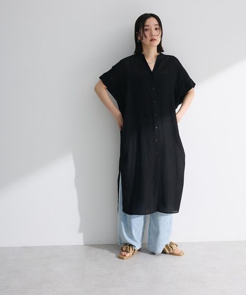 Green　Parks（グリーンパークス）の「半袖シアーシャツワンピース（シャツワンピース・レディース・オレンジ/ブルー/オフホワイト/ブラック・FREE）」の17枚目の写真