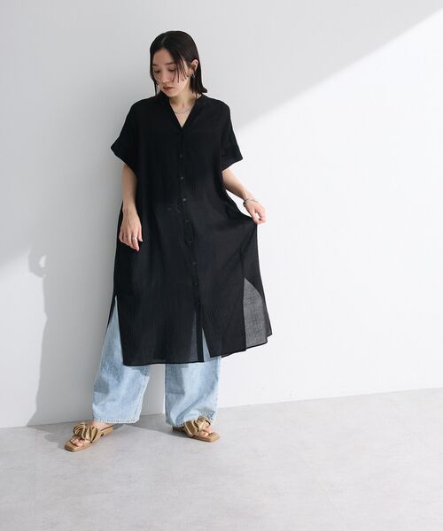 Green　Parks（グリーンパークス）の「半袖シアーシャツワンピース（シャツワンピース・レディース・オレンジ/ブルー/オフホワイト/ブラック・FREE）」の18枚目の写真