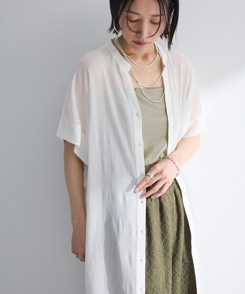 LEMAIRE 薄いグリーン 半袖シャツワンピース セール】半袖シアーシャツワンピース（シャツワンピース