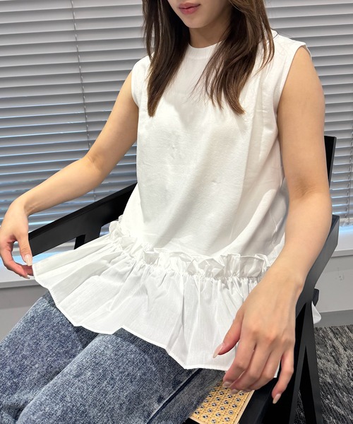 トレーナー スウェット ドッキングフリル ノースリスエット（1枚で映える、甘辛バランス）/ Docking Frill Sweat レディース ドッキングフリル ノースリスエット（1枚で映える、甘辛バランス