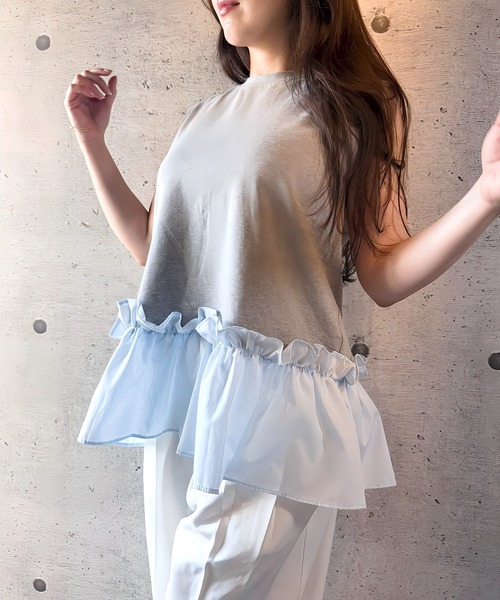 トレーナー スウェット ドッキングフリル ノースリスエット（1枚で映える、甘辛バランス）/ Docking Frill Sweat レディース ドッキングフリル ノースリスエット（1枚で映える、甘辛バランス