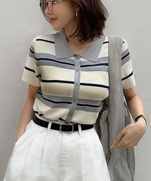 マルチボーダー半袖ポロニット
