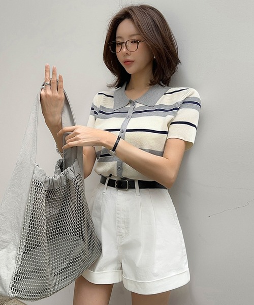 Girly Doll(ガーリードール)の「マルチボーダー半袖ポロニット(ニット/セーター・レディース・ブルー/グレー/ブラック・FREE)」の21枚目の写真