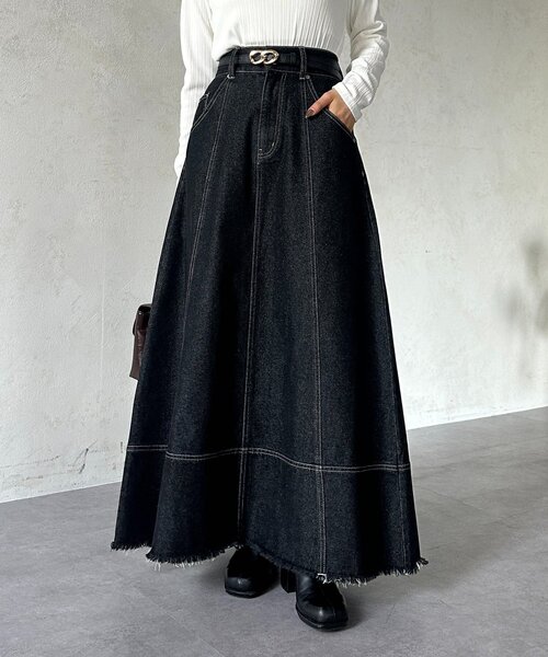 Thevon（ゼボン）の「デニムハイウエストフレアスカート（スカート・レディース・ブラック/ネイビー・M/S）」の2枚目の写真