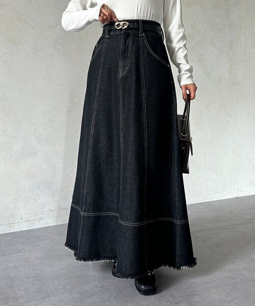 Thevon（ゼボン）の「デニムハイウエストフレアスカート（スカート・レディース・ブラック/ネイビー・M/S）」の3枚目の写真