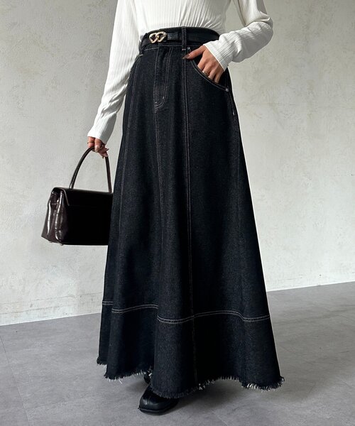 Thevon（ゼボン）の「デニムハイウエストフレアスカート（スカート・レディース・ブラック/ネイビー・M/S）」の4枚目の写真