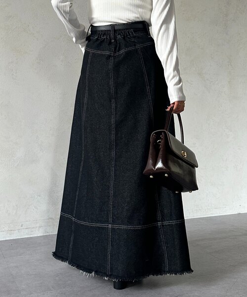Thevon（ゼボン）の「デニムハイウエストフレアスカート（スカート・レディース・ブラック/ネイビー・M/S）」の5枚目の写真