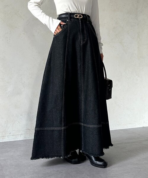 Thevon（ゼボン）の「デニムハイウエストフレアスカート（スカート・レディース・ブラック/ネイビー・M/S）」の6枚目の写真