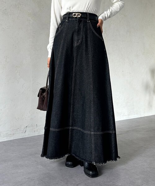 Thevon（ゼボン）の「デニムハイウエストフレアスカート（スカート・レディース・ブラック/ネイビー・M/S）」の7枚目の写真