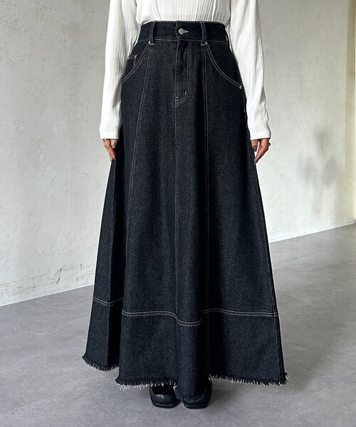 Thevon（ゼボン）の「デニムハイウエストフレアスカート（スカート・レディース・ブラック/ネイビー・M/S）」の11枚目の写真