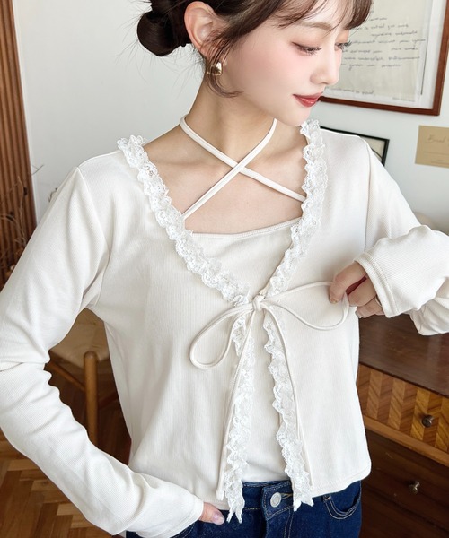 セール】フロントリボンフリルレースカーディガン+クロスネック