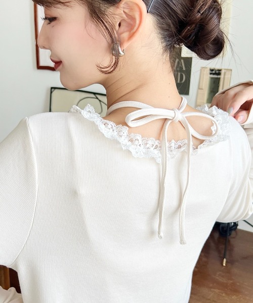 フロントリボンフリルレースカーディガン+クロスネック