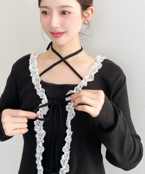 セール】フロントリボンフリルレースカーディガン+クロスネック