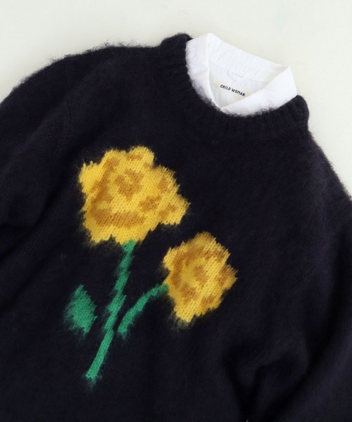 CHILD WOMAN（チャイルドウーマン）の「花モチーフ起毛インターシャプルオーバー（ニット/セーター・レディース・ネイビー/アイボリー/ブルー・FREE）」の16枚目の写真