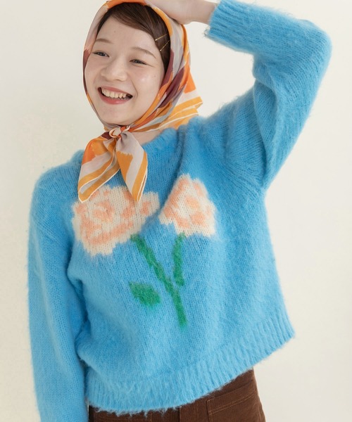 CHILD WOMAN（チャイルドウーマン）の「花モチーフ起毛インターシャプルオーバー（ニット/セーター・レディース・ネイビー/アイボリー/ブルー・FREE）」の13枚目の写真