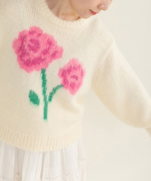 CHILD WOMAN（チャイルドウーマン）の「花モチーフ起毛インターシャプルオーバー（ニット/セーター・レディース・ネイビー/アイボリー/ブルー・FREE）」の6枚目の写真