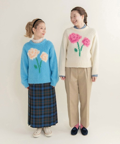 CHILD WOMAN（チャイルドウーマン）の「花モチーフ起毛インターシャプルオーバー（ニット/セーター・レディース・ネイビー/アイボリー/ブルー・FREE）」の12枚目の写真
