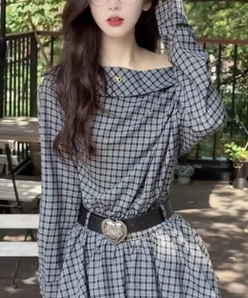 gossip!ロサンゼルス(ゴシップロサンゼルス)の「ハーフショルダー チェック柄ワンピース(定番アイテム)(シャツワンピース・レディース・チェック・M)」の6枚目の写真