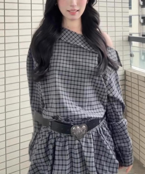 gossip!ロサンゼルス(ゴシップロサンゼルス)の「ハーフショルダー チェック柄ワンピース(定番アイテム)(シャツワンピース・レディース・チェック・M)」の7枚目の写真