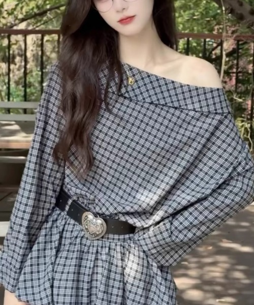 gossip!ロサンゼルス(ゴシップロサンゼルス)の「ハーフショルダー チェック柄ワンピース(定番アイテム)(シャツワンピース・レディース・チェック・M)」の9枚目の写真