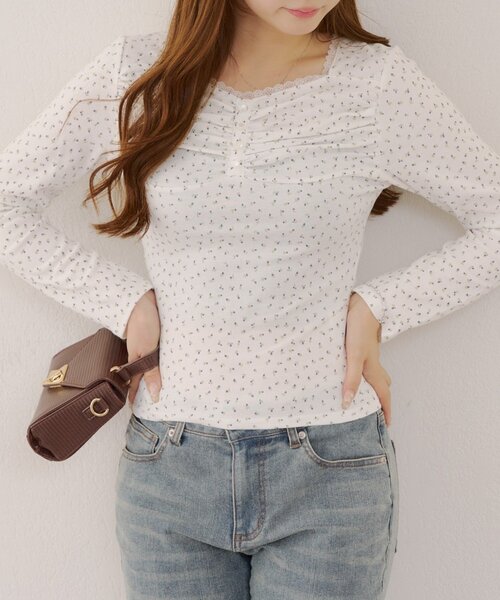 continuer de NICE CLAUP（コンティニューデナイスクラップ）の「花柄・ドットレーストップス（Tシャツ/カットソー・レディース・ネイビー/オフホワイト/ピンク/ライトグレー/ドット・FREE）」の12枚目の写真