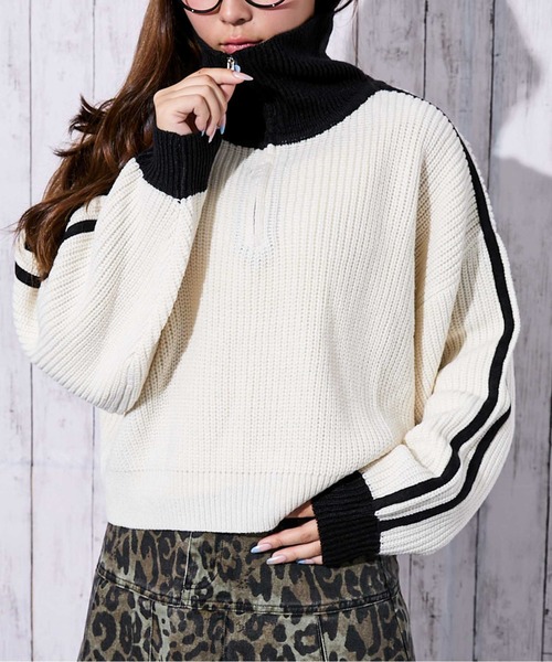 セール】《ハーフジップ×ショート丈》レディース あぜ編み ニット