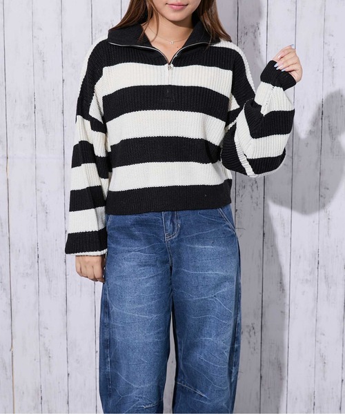 セール】《ハーフジップ×ショート丈》レディース あぜ編み ニット