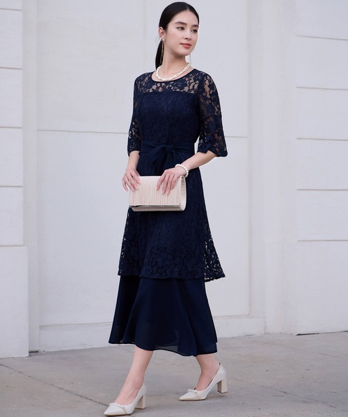 【皇室御用達26万円】AKRIS アクリス　濃紺　フォーマル　ワンピース Aライン ロング丈 結婚式ドレス フォーマルワンピース