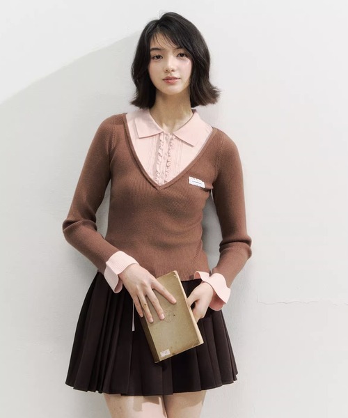 フェイクツーピース レイヤード風 ポロニットトップス SP25f017