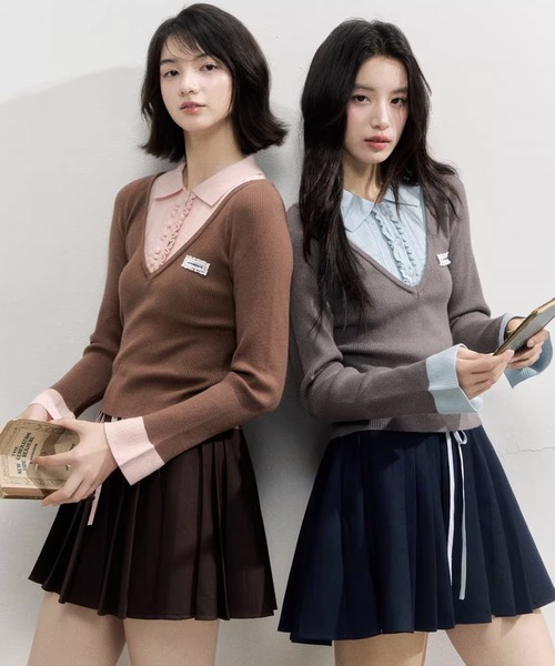 Fano Studios（ファノ ストゥディオズ）の「フェイクツーピース レイヤード風 ポロニットトップス SP25f017【SunsetPark】【2025AW】（ニット/セーター・レディース・ブラウン/グレー・S/M/L）」の8枚目の写真