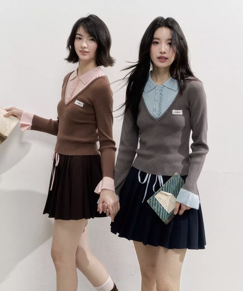 Fano Studios（ファノ ストゥディオズ）の「フェイクツーピース レイヤード風 ポロニットトップス SP25f017【SunsetPark】【2025AW】（ニット/セーター・レディース・ブラウン/グレー・S/M/L）」の5枚目の写真