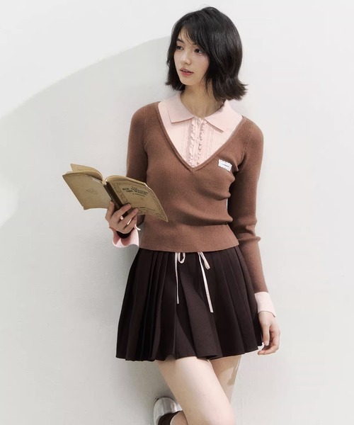 フェイクツーピース レイヤード風 ポロニットトップス SP25f017