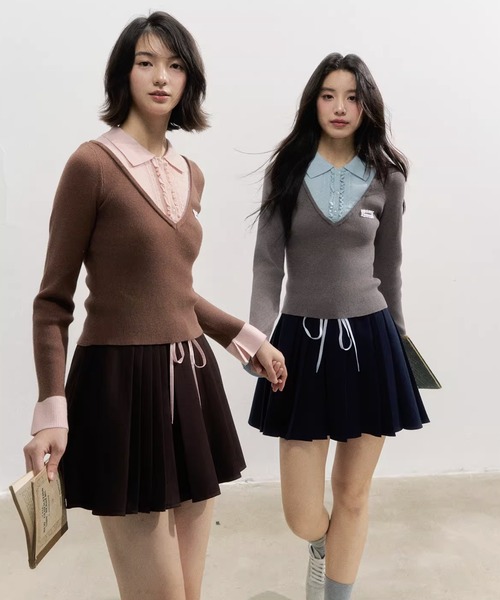 Fano Studios（ファノ ストゥディオズ）の「フェイクツーピース レイヤード風 ポロニットトップス SP25f017【SunsetPark】【2025AW】（ニット/セーター・レディース・ブラウン/グレー・S/M/L）」の9枚目の写真