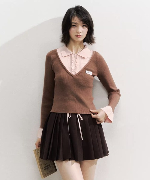 フェイクツーピース レイヤード風 ポロニットトップス SP25f017